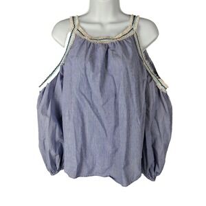 Living Doll M Open Shoulder Striped Fringe Embroidered Southwestern babydoll Top